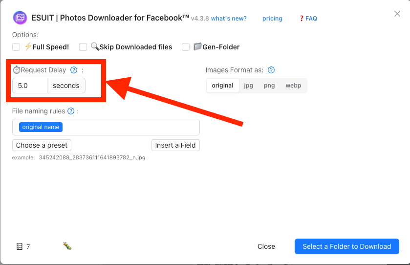 How to add custom delay when downloading images from Facebook